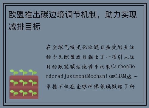 欧盟推出碳边境调节机制，助力实现减排目标