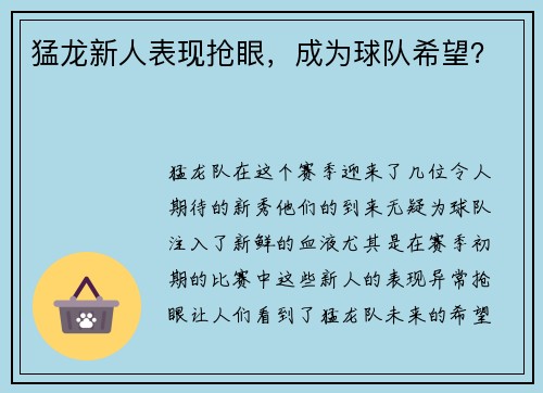 猛龙新人表现抢眼，成为球队希望？