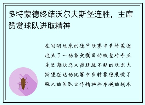 多特蒙德终结沃尔夫斯堡连胜，主席赞赏球队进取精神