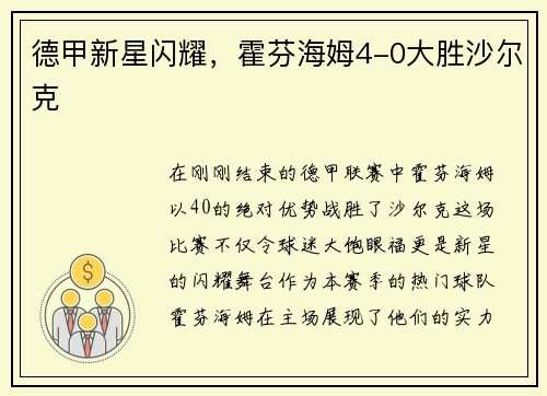 德甲新星闪耀，霍芬海姆4-0大胜沙尔克