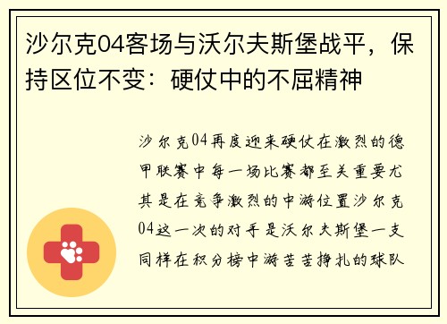 沙尔克04客场与沃尔夫斯堡战平，保持区位不变：硬仗中的不屈精神