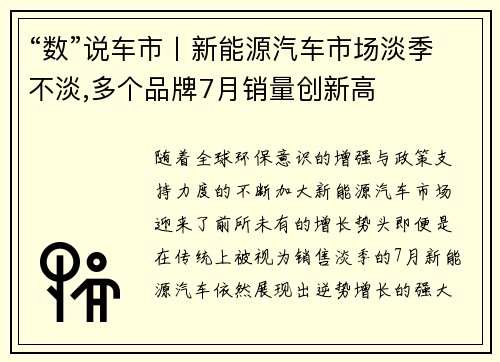 “数”说车市丨新能源汽车市场淡季不淡,多个品牌7月销量创新高