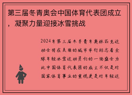 第三届冬青奥会中国体育代表团成立，凝聚力量迎接冰雪挑战