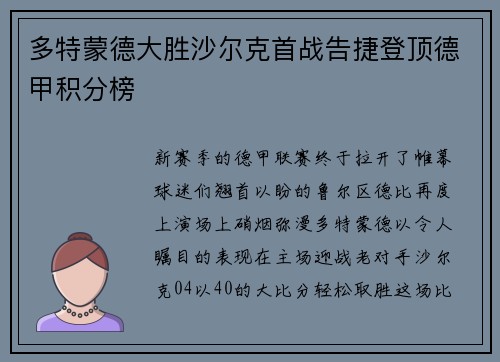 多特蒙德大胜沙尔克首战告捷登顶德甲积分榜