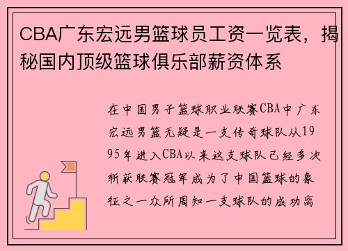 CBA广东宏远男篮球员工资一览表，揭秘国内顶级篮球俱乐部薪资体系